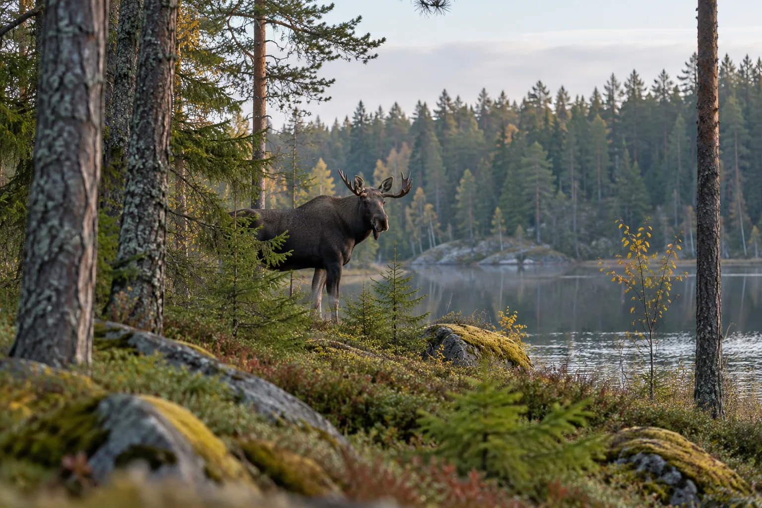Jagt i Sverige: regler og forberedelse for danske gæster – AI-illustration Jagt i Sverige: skovlandskab med graner, mos og en elg ved skovkanten