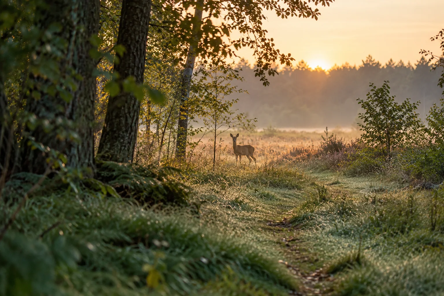 Jagtoplevelser i naturen med skovsti og rådyr ved en lysning