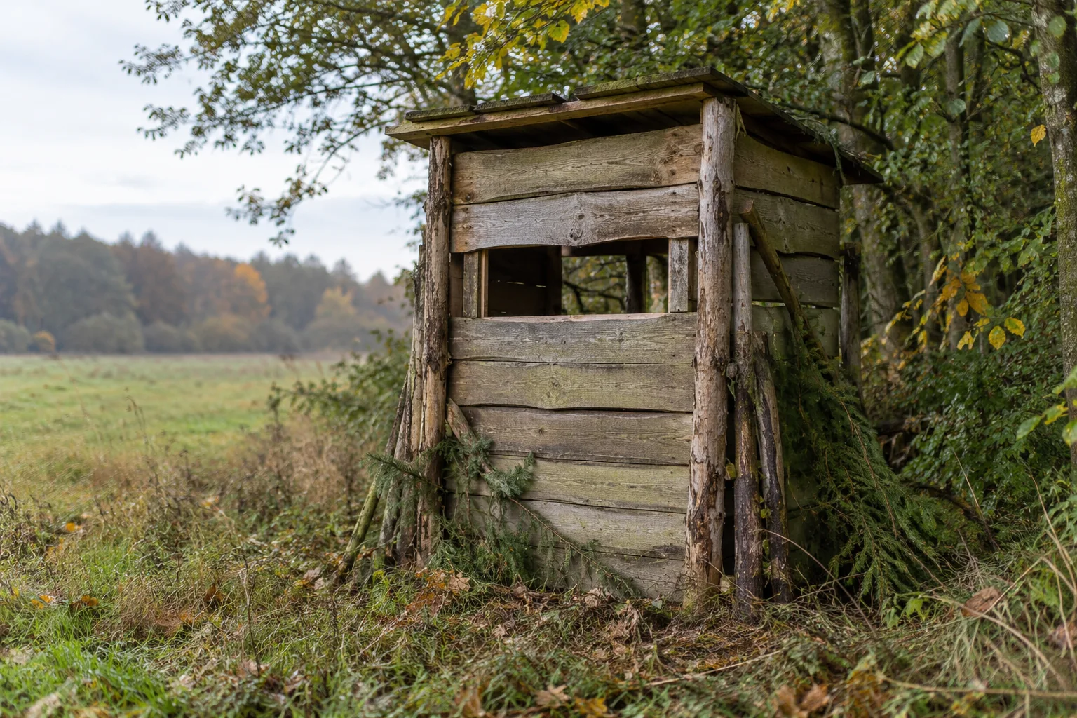 Et enkelt selvbygget jagtskjul af træ og grene ved et skovbryn