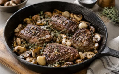 Krondyr steaks på pande med timian og svampe