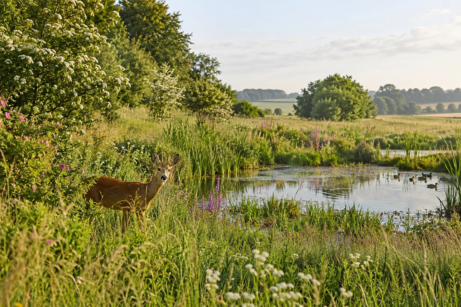 Vildtpleje med levende hegn, småvand og varieret vegetation i markkanten
