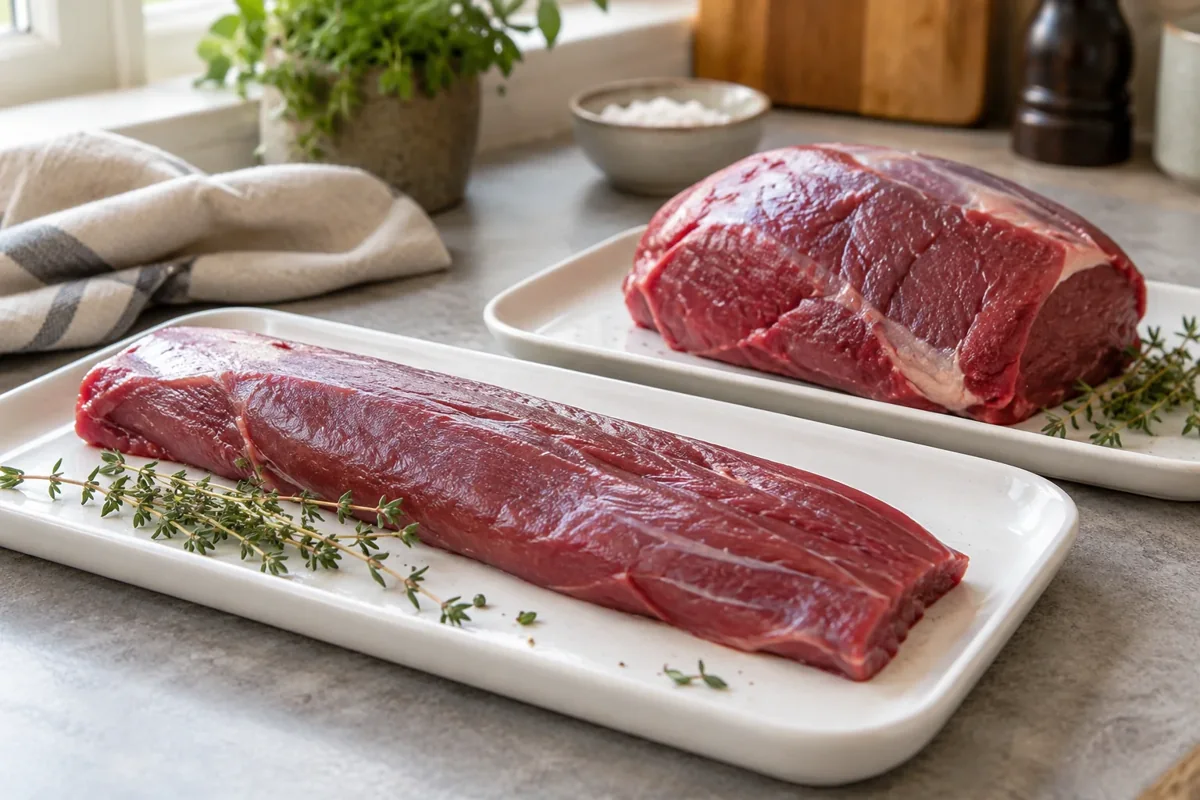 Dådyrkød som filet og klargjort steg på separate bakker
