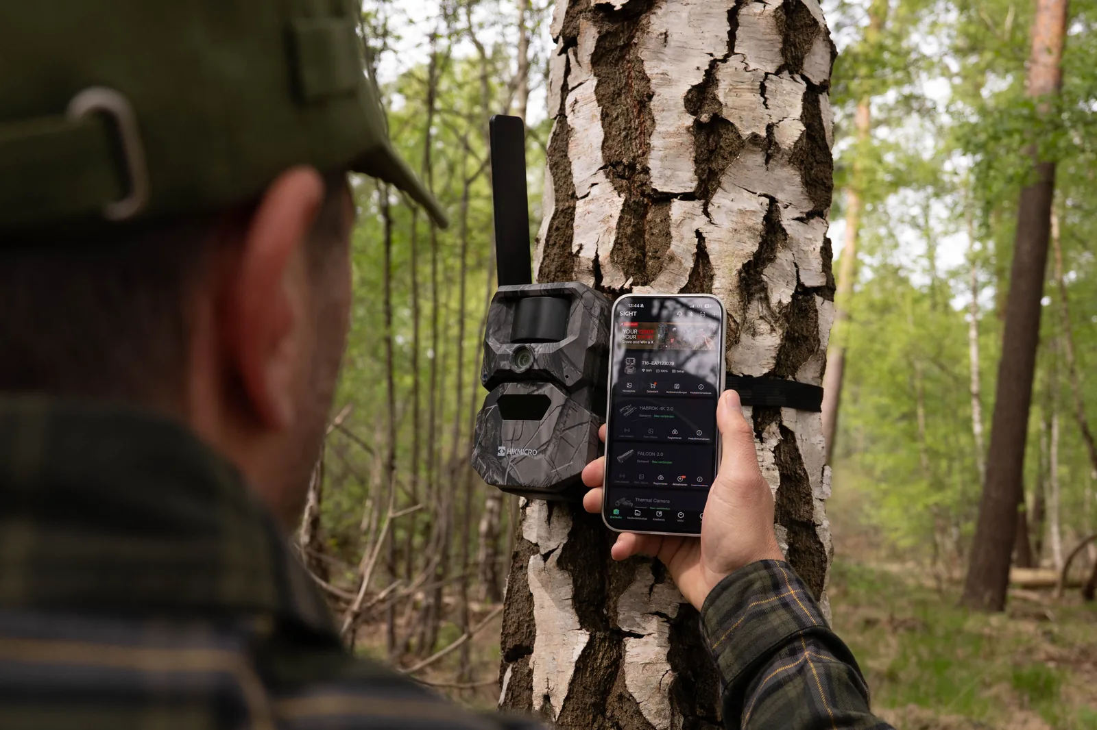 HIKMICRO T16 vildtkamera monteret på et birketræ og betjent med telefonen